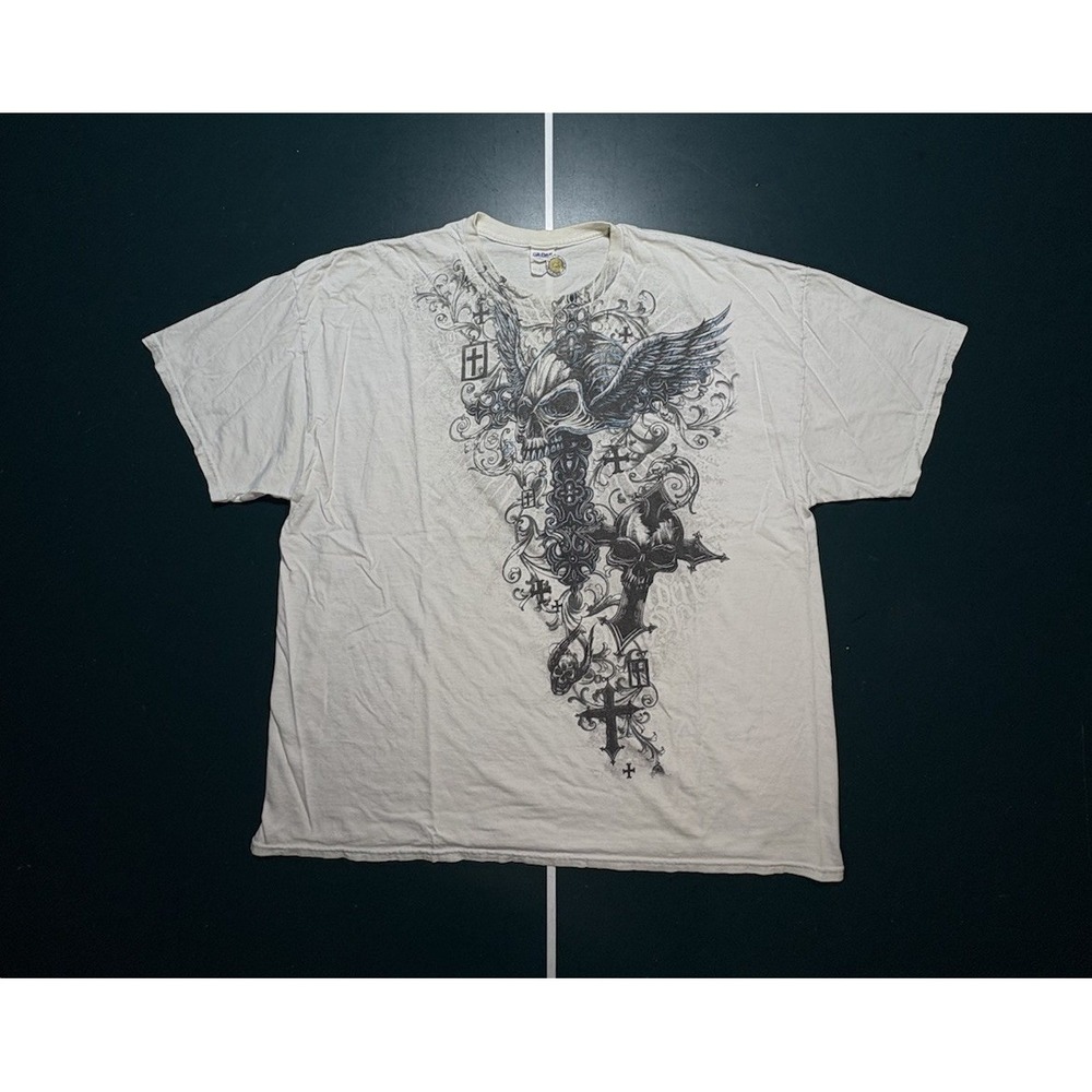 Vintage Y2K Grunge Winged Skull T-Shirt Size‎ Men's XXL 2XL White Crosses